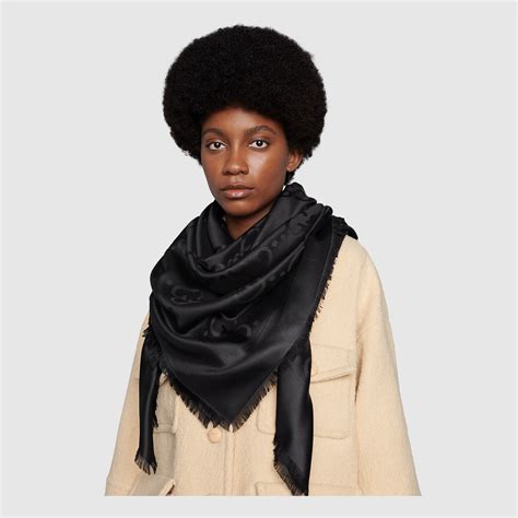 gucci scarf black face|GG jacquard silk wool shawl in black .